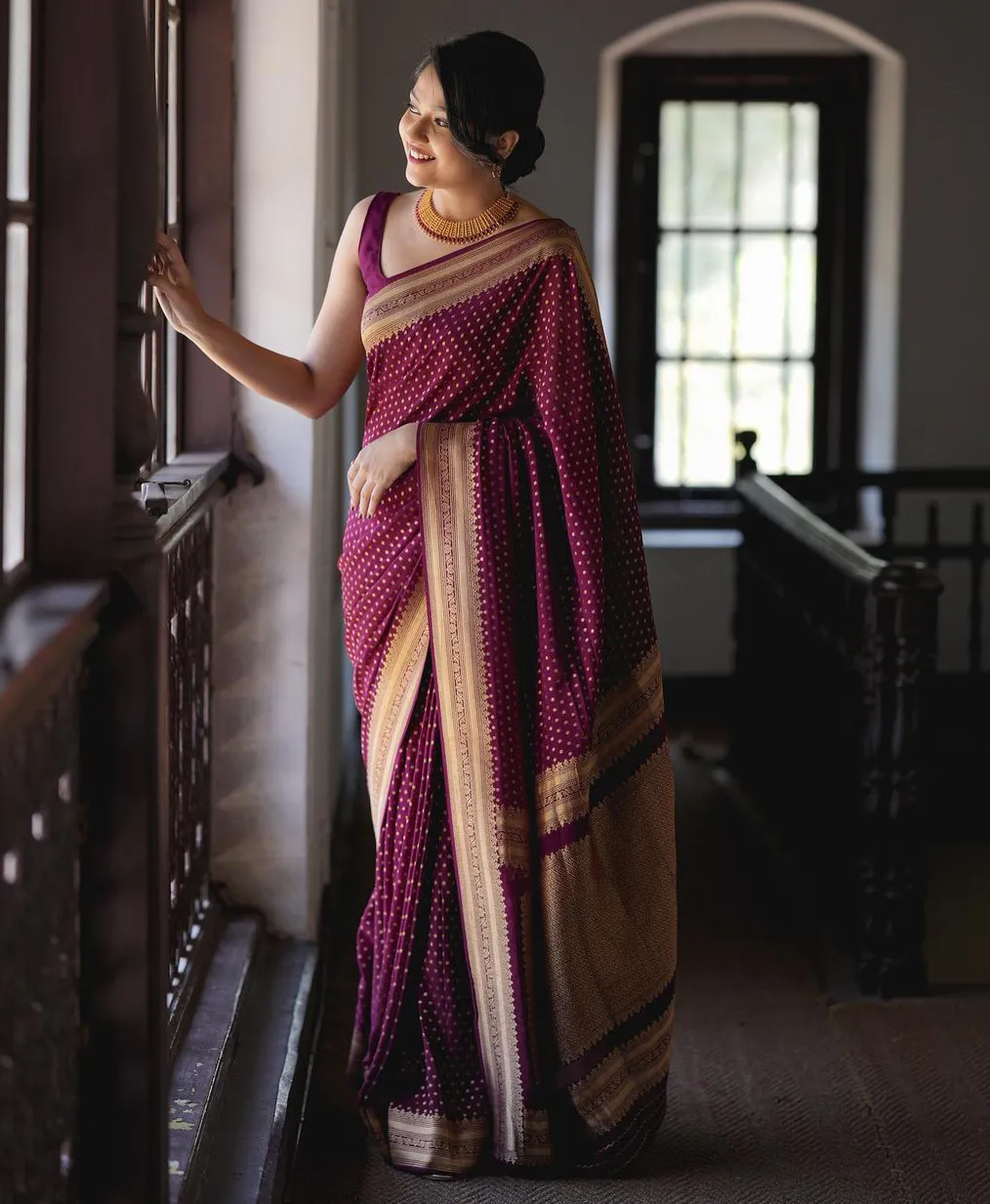 Wine Banarasi Soft Silk Zari Weaving Work Saree