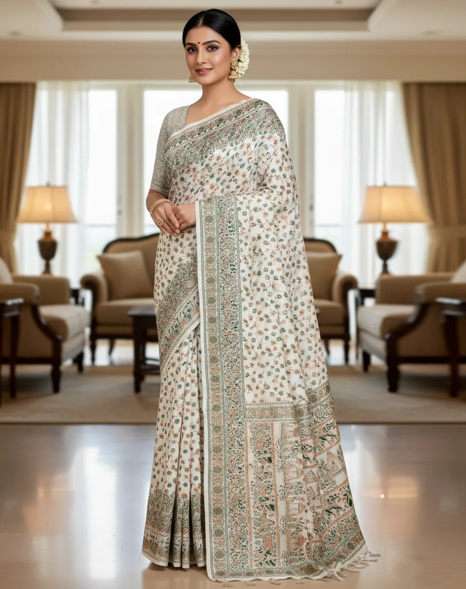 Off White Banarasi Silk Weaving Work Saree