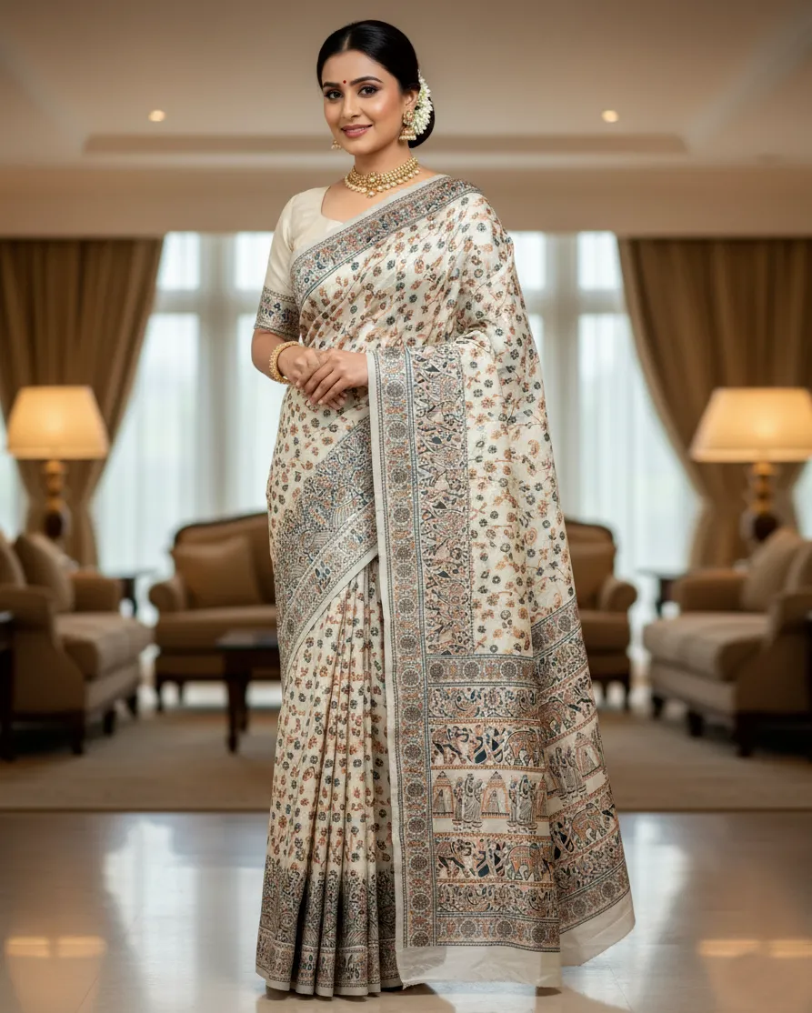 Cream Banarasi Silk Weaving Work Saree