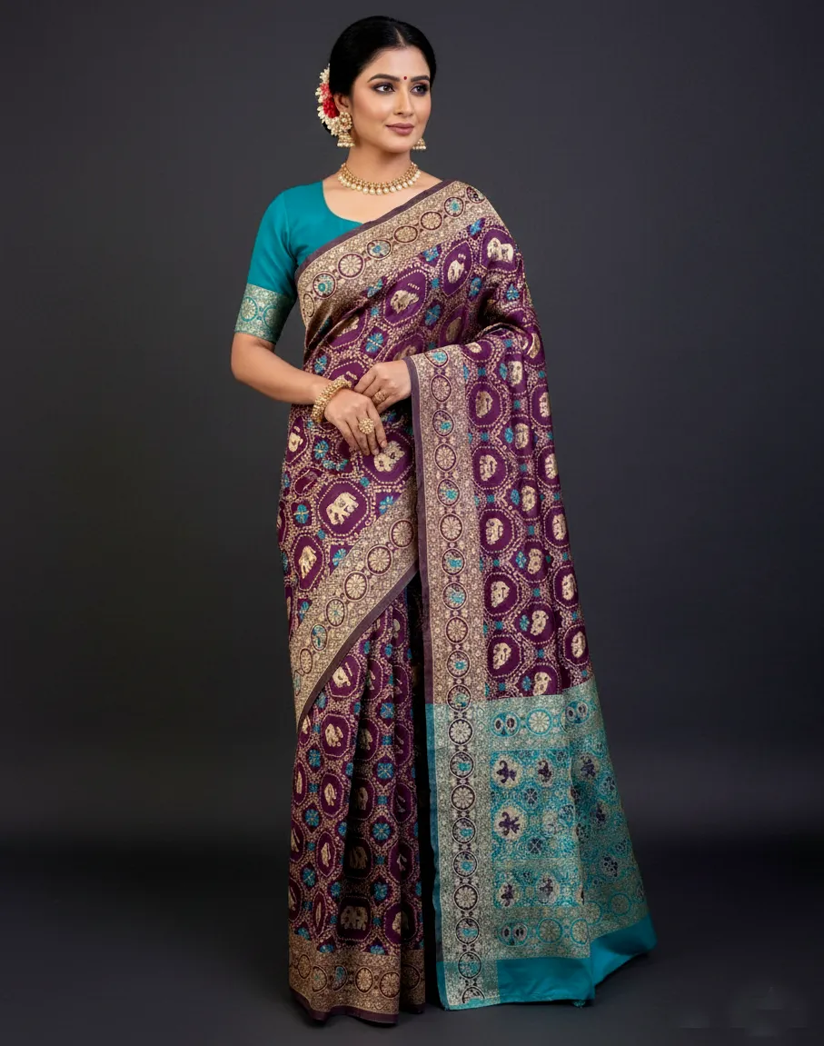 Wine Banarasi Silk Weaving Work Rich Pallu Saree