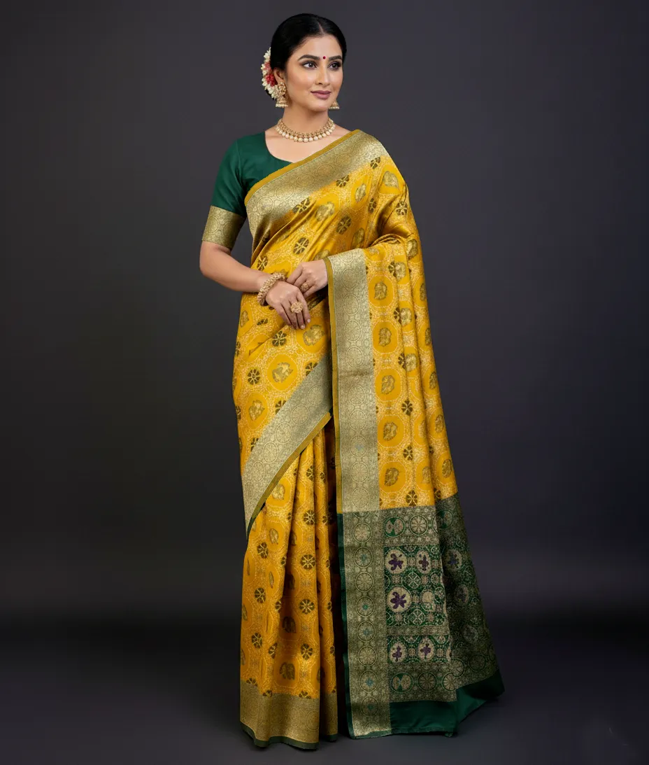 Mustard Banarasi Silk Weaving Work Rich Pallu Saree