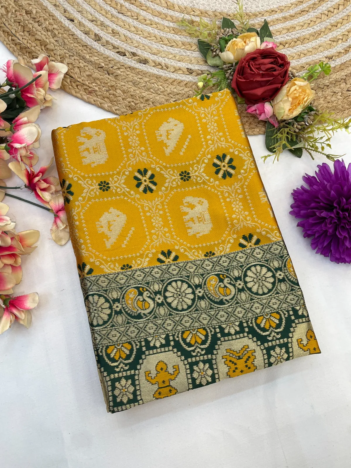 Mustard Banarasi Silk Weaving Work Rich Pallu Saree - Image 5