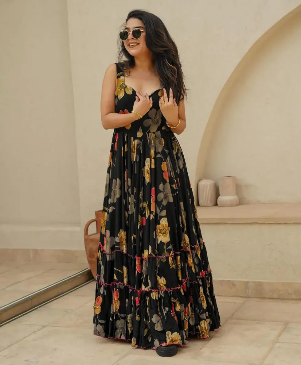 Black Heavy Rayon Digital Printed Ethnic Wear Gown