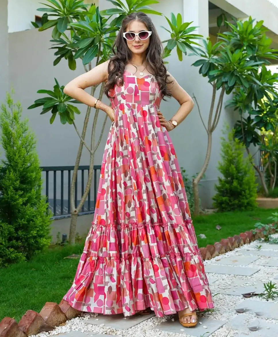 Pink Heavy Rayon Digital Printed Ethnic Wear Gown