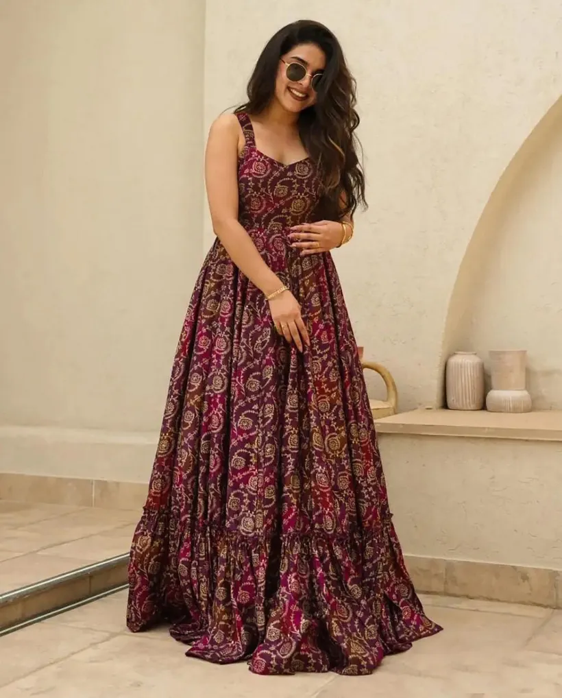 Wine Heavy Rayon Digital Printed Ethnic Wear Gown