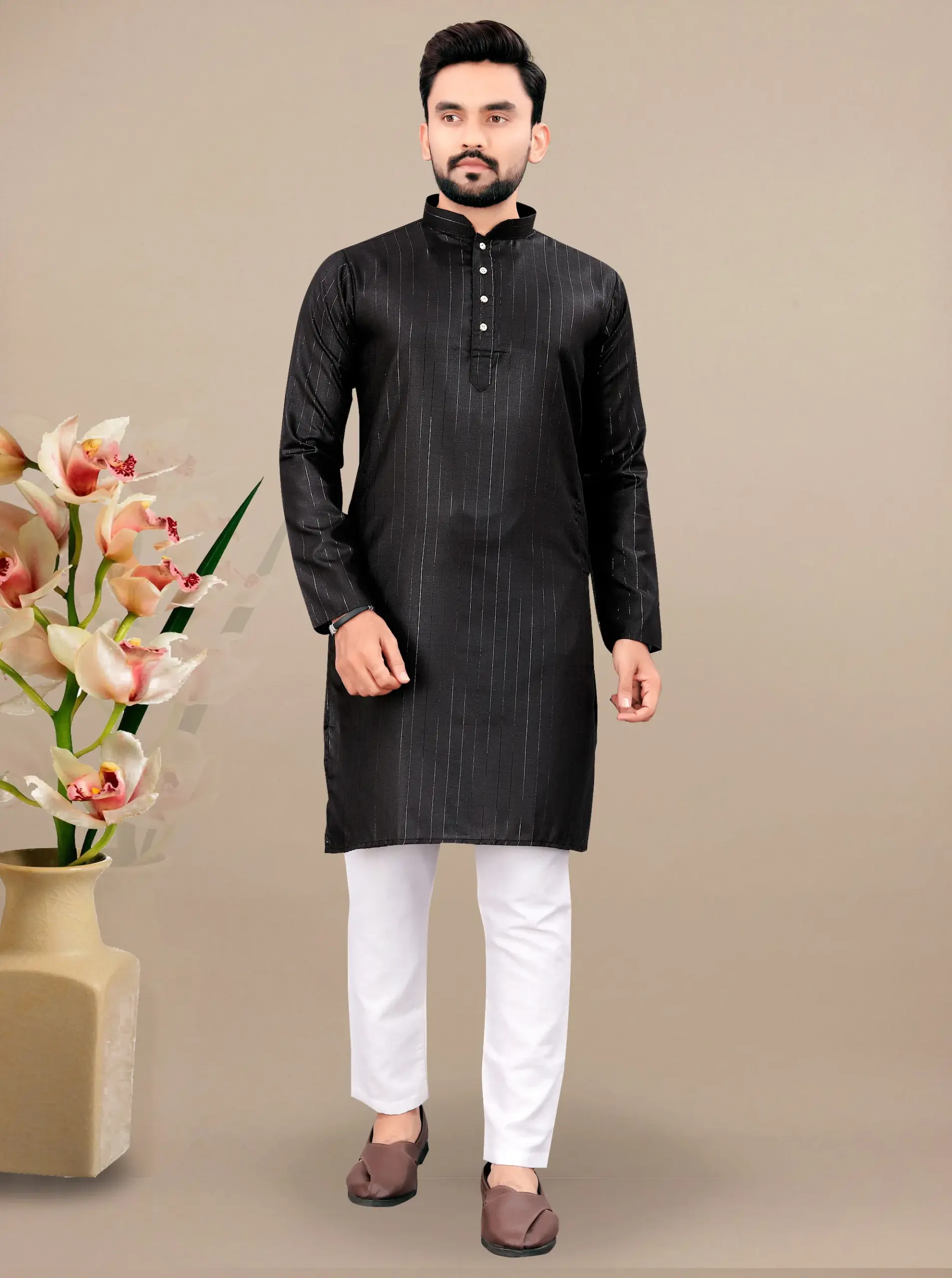 Black Cotton Kurta With White Pyjama