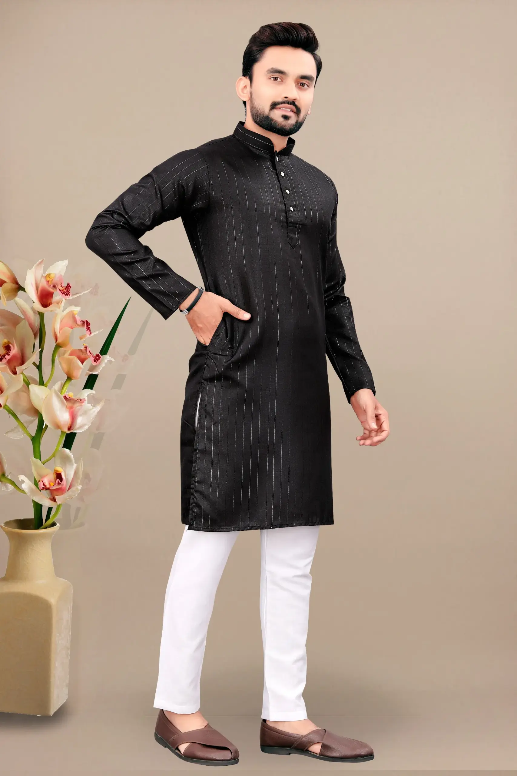Black Cotton Kurta With White Pyjama - Image 2