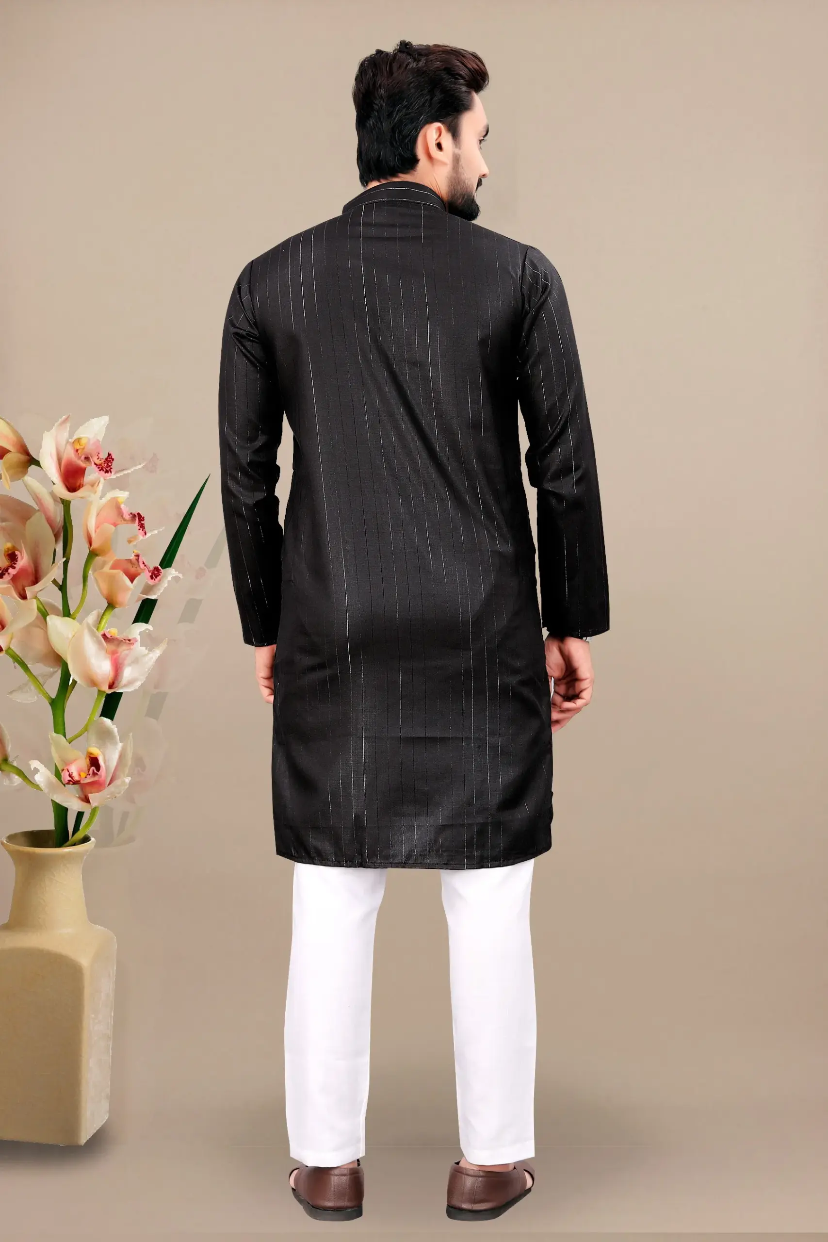Black Cotton Kurta With White Pyjama - Image 3