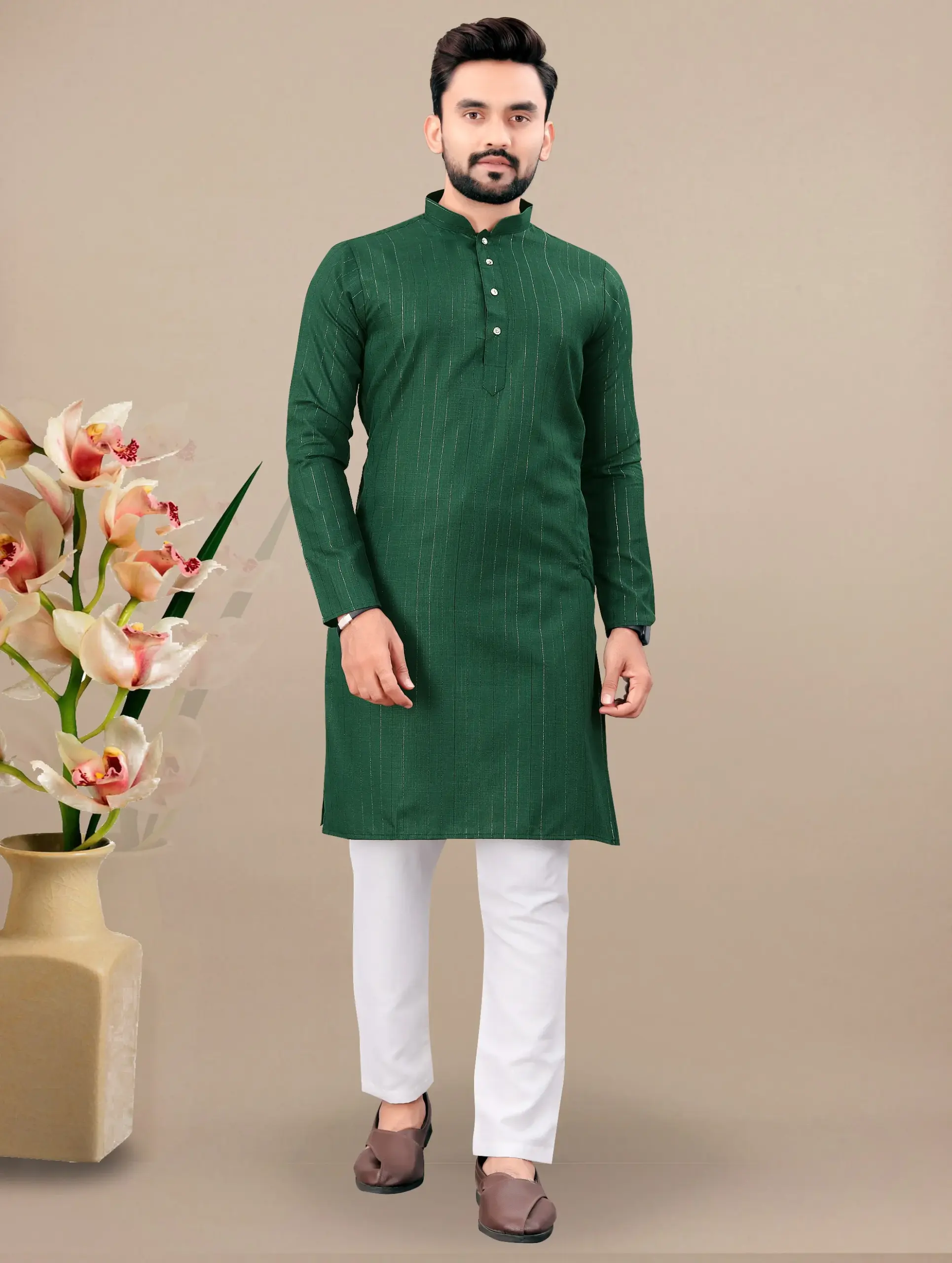 Green Cotton Kurta With White Pyjama