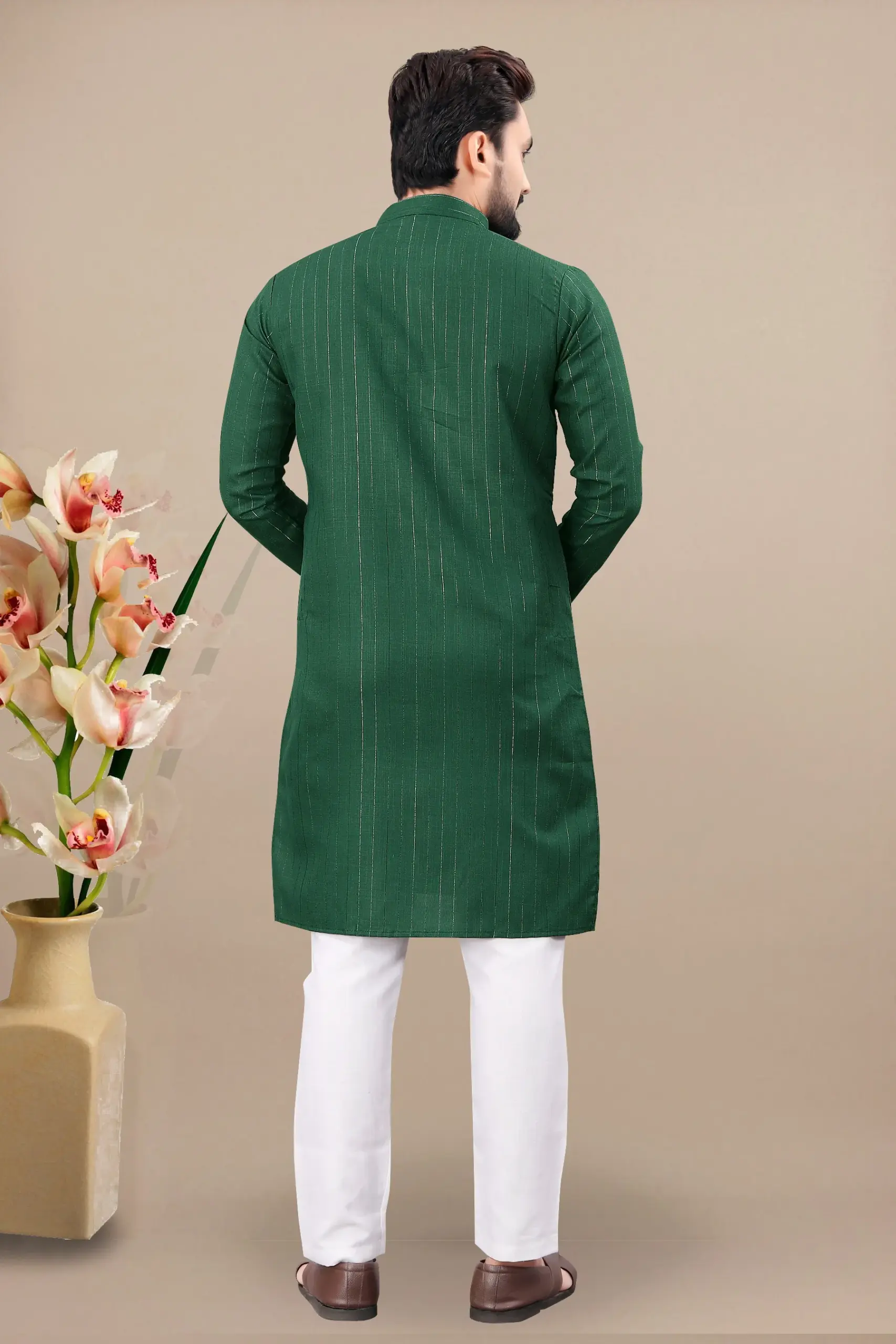 Green Cotton Kurta With White Pyjama - Image 3