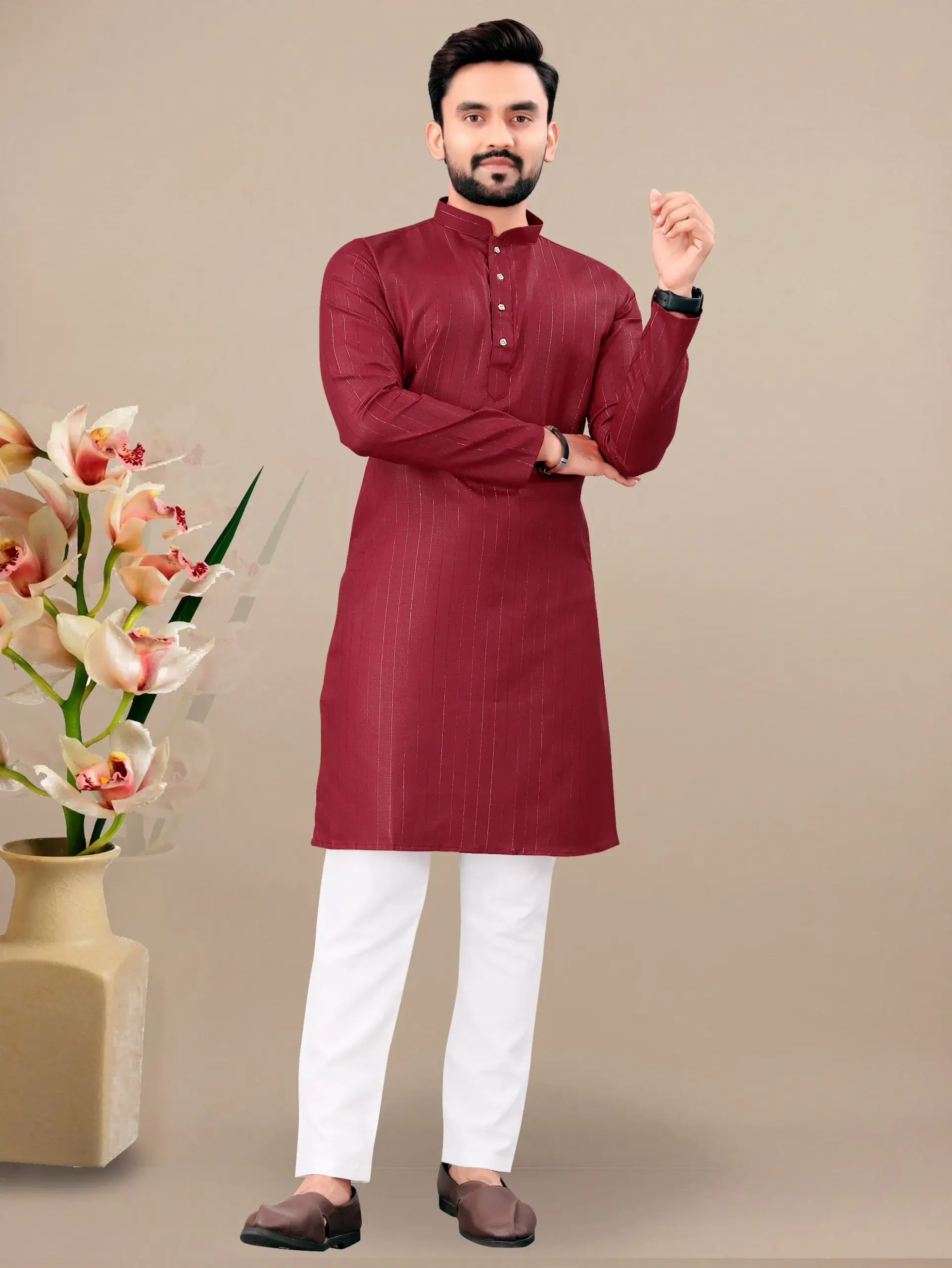 Maroon Cotton Kurta With White Pyjama