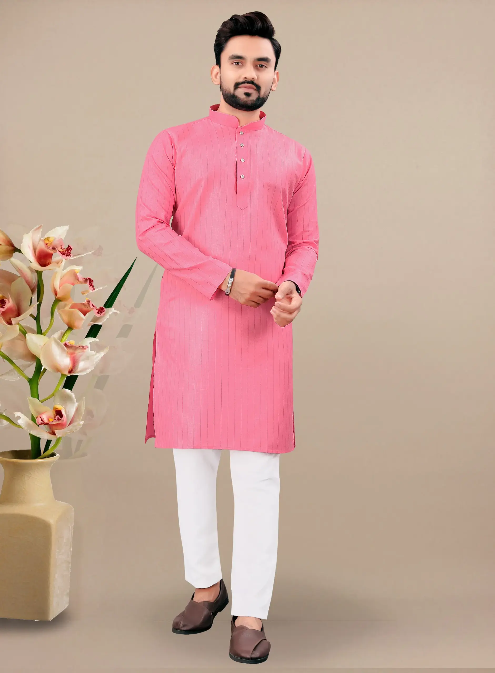 Pink Cotton Kurta With White Pyjama