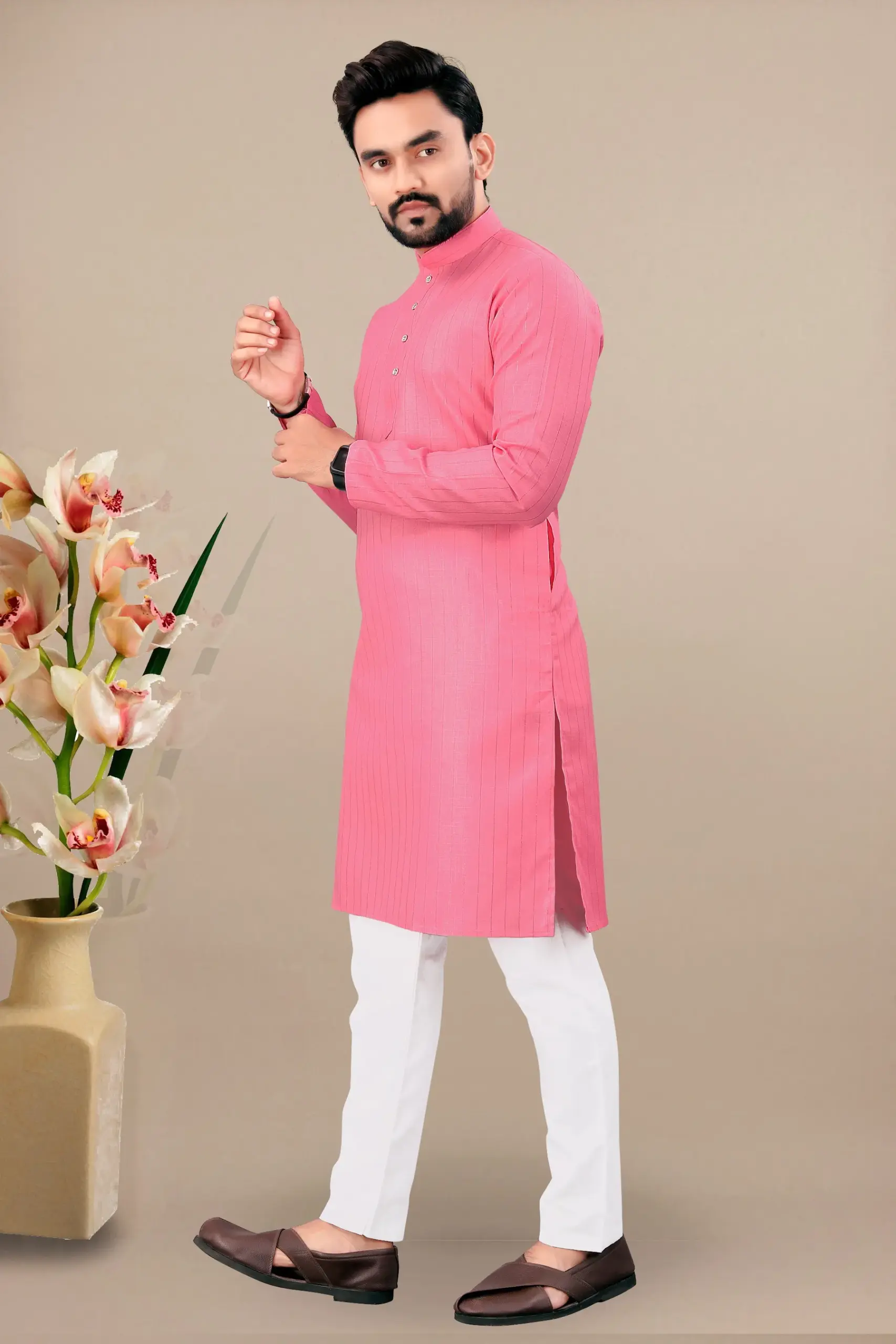 Pink Cotton Kurta With White Pyjama - Image 2