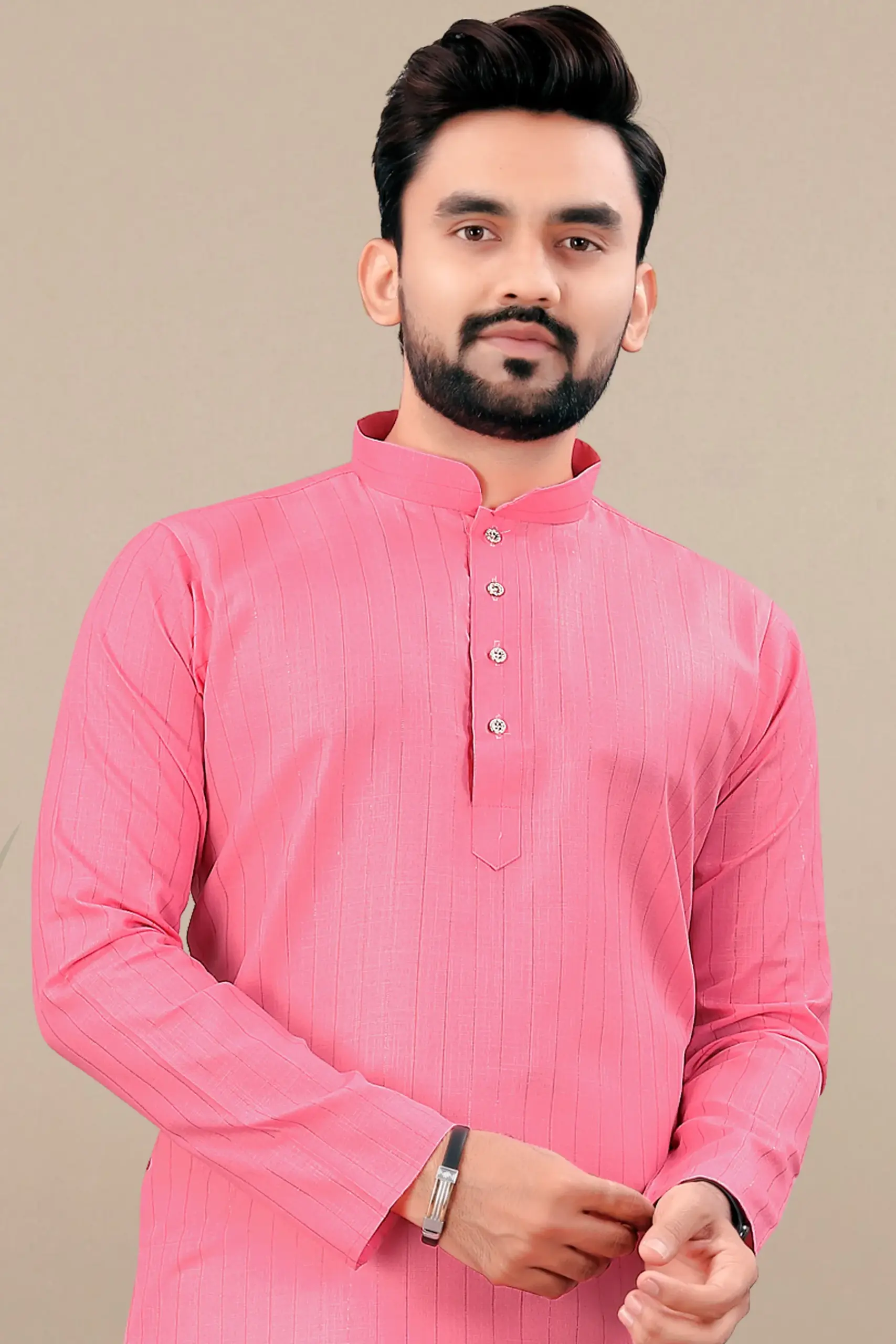 Pink Cotton Kurta With White Pyjama - Image 4