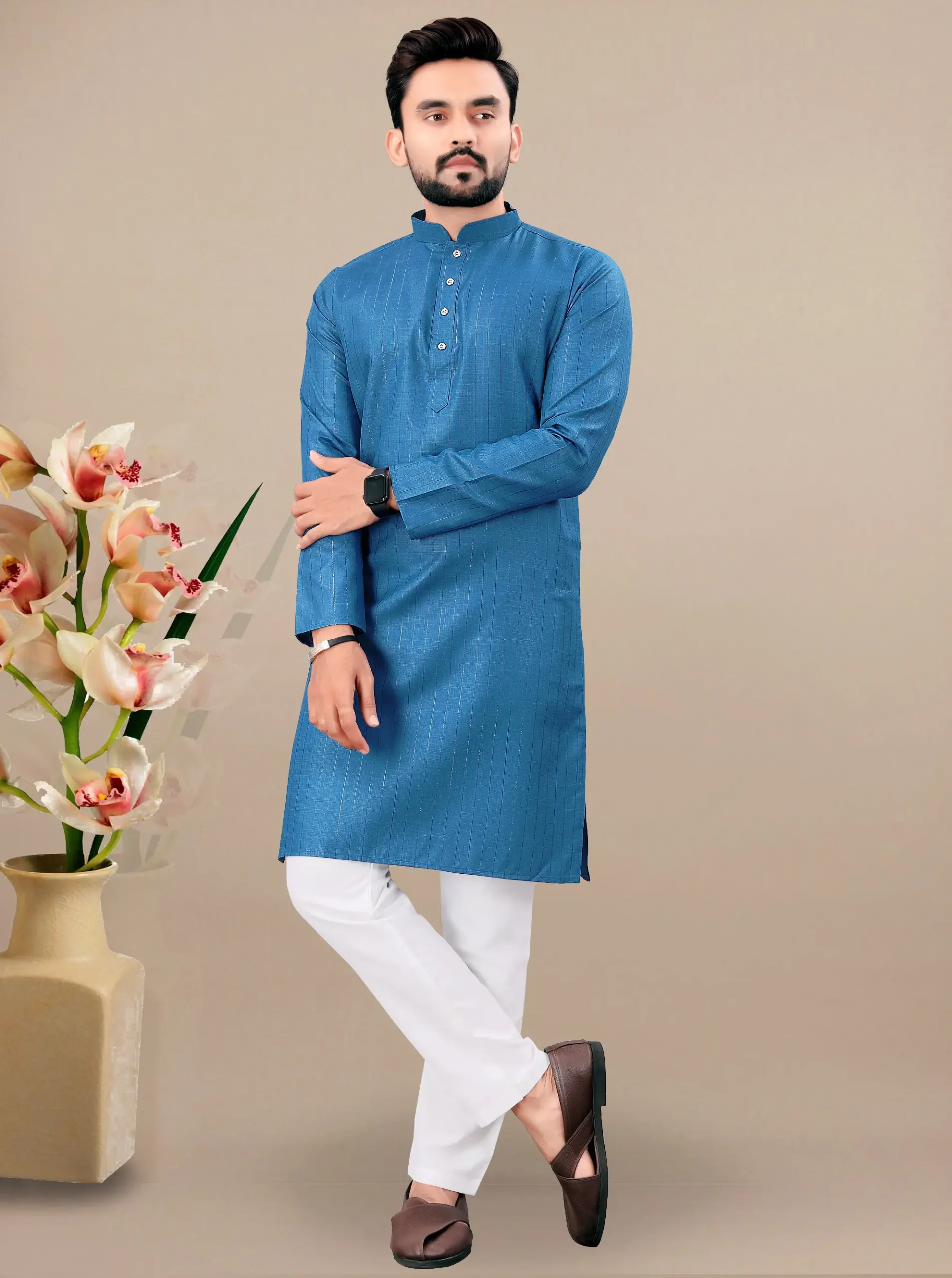 Light Blue Cotton Kurta With White Pyjama