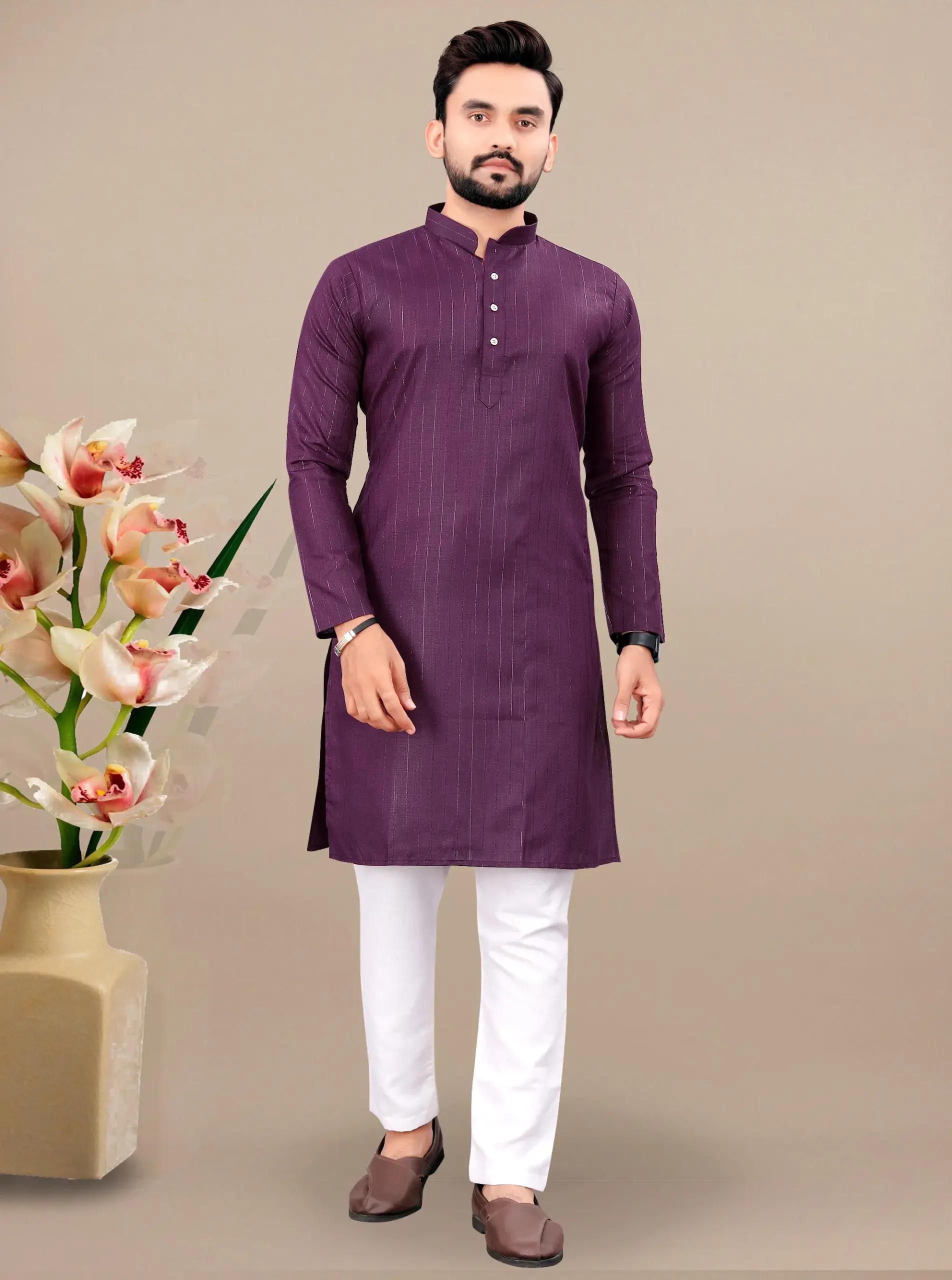 Wine Cotton Kurta With White Pyjama