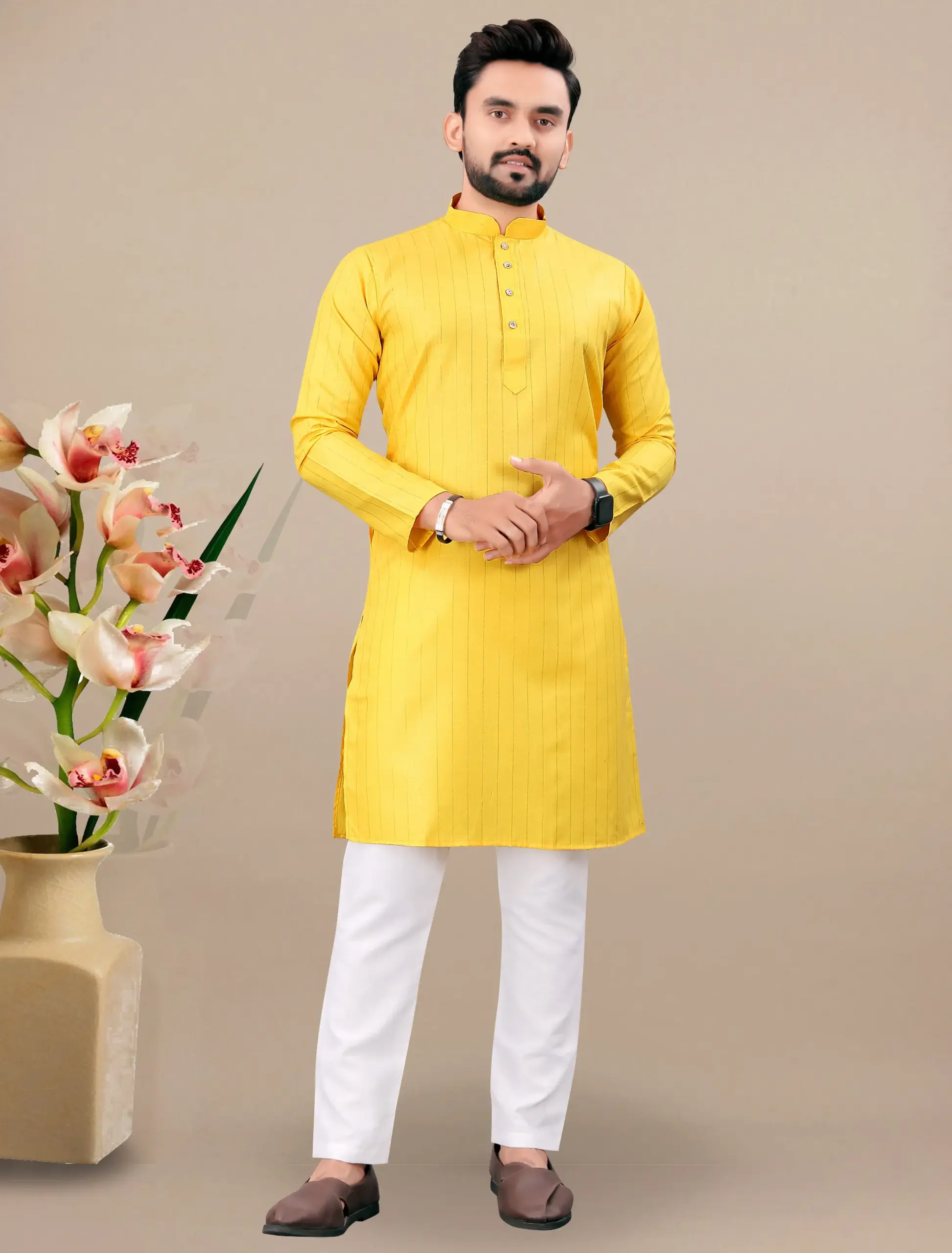 Yellow Cotton Kurta With White Pyjama