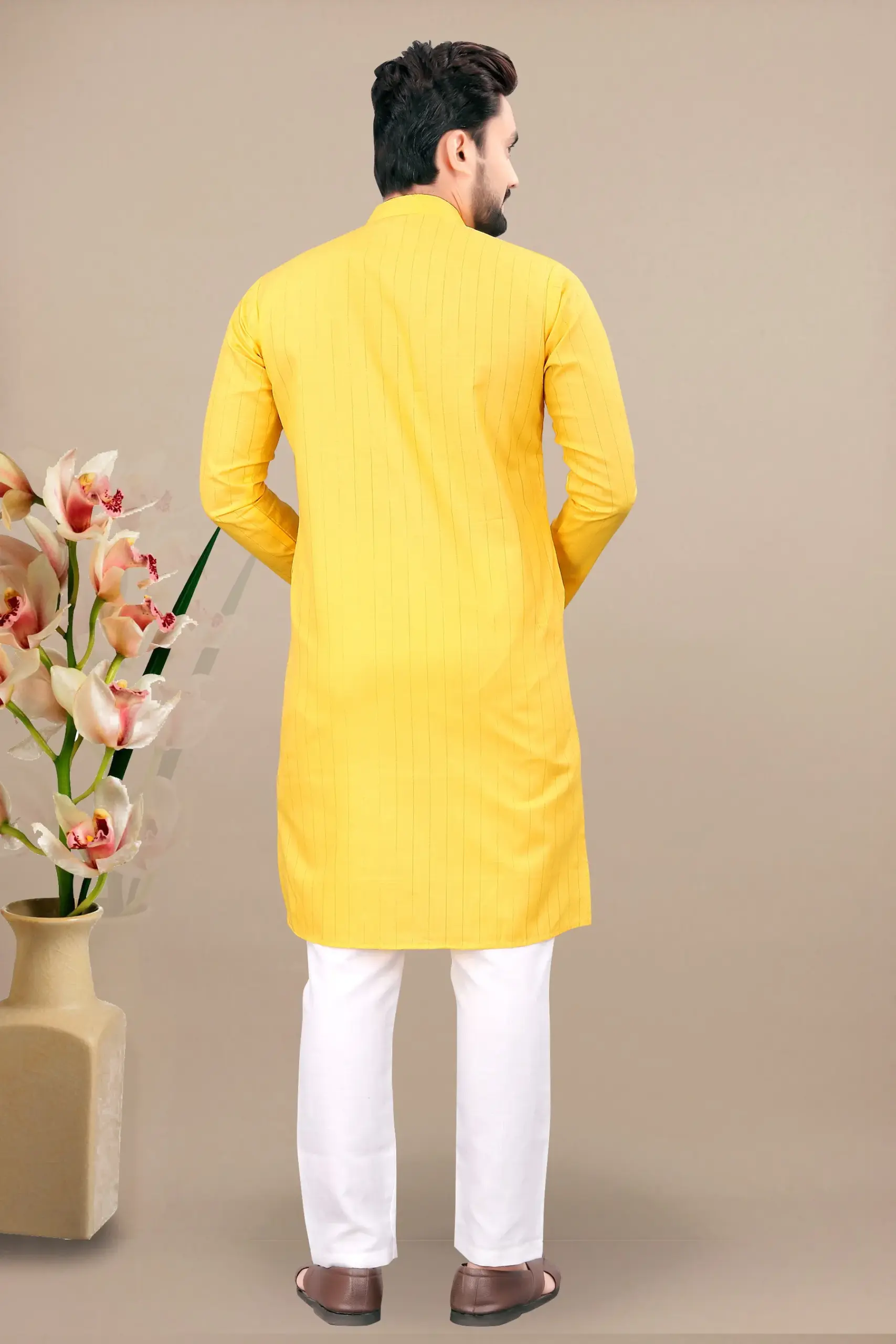 Yellow Cotton Kurta With White Pyjama - Image 3