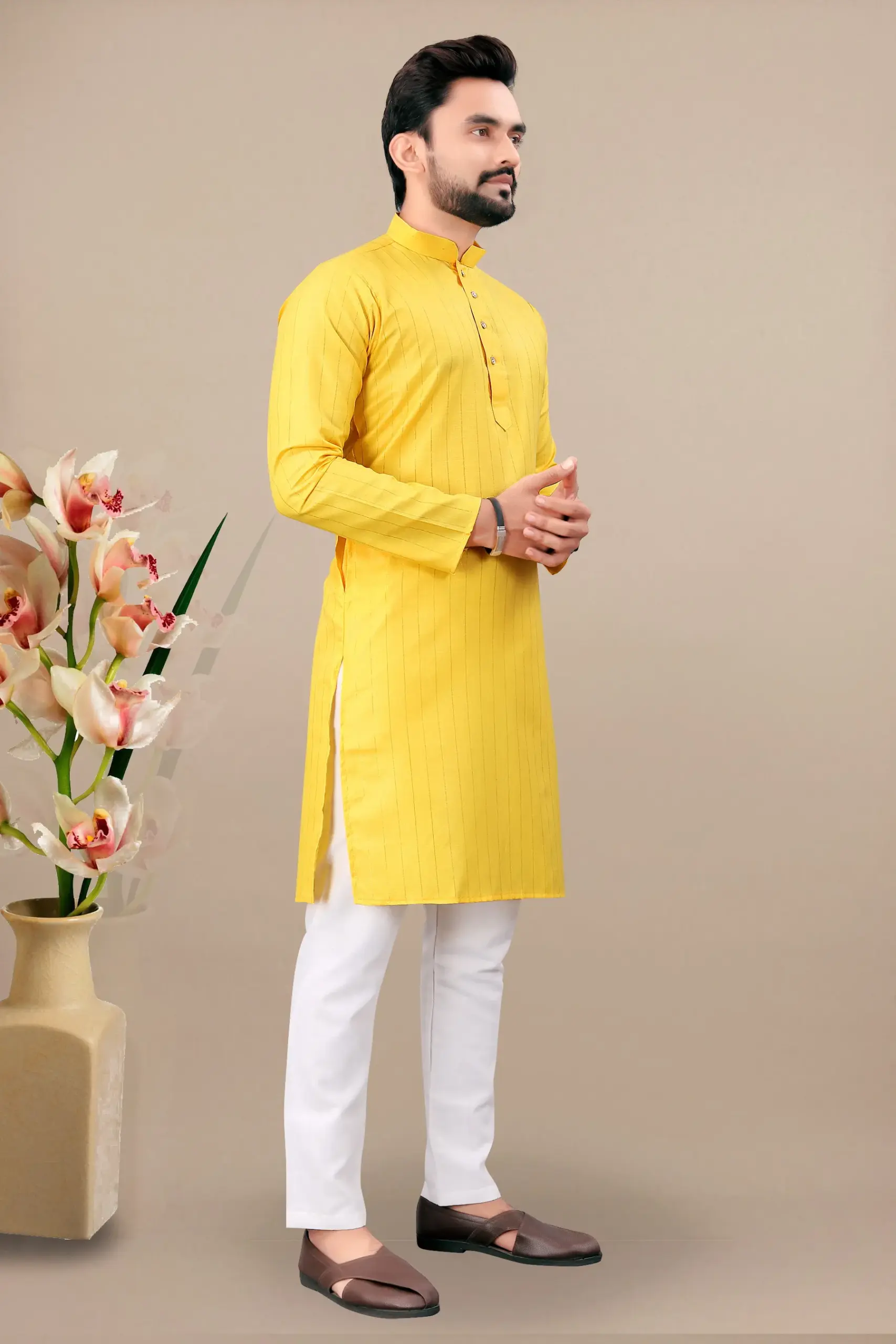 Yellow Cotton Kurta With White Pyjama - Image 2