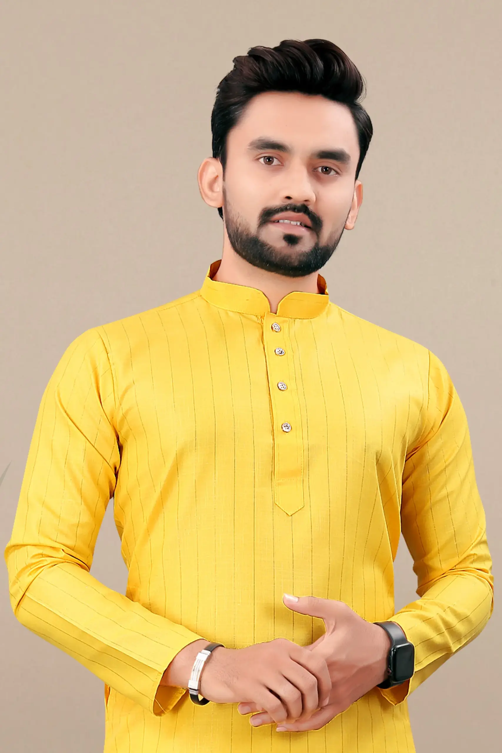 Yellow Cotton Kurta With White Pyjama - Image 4