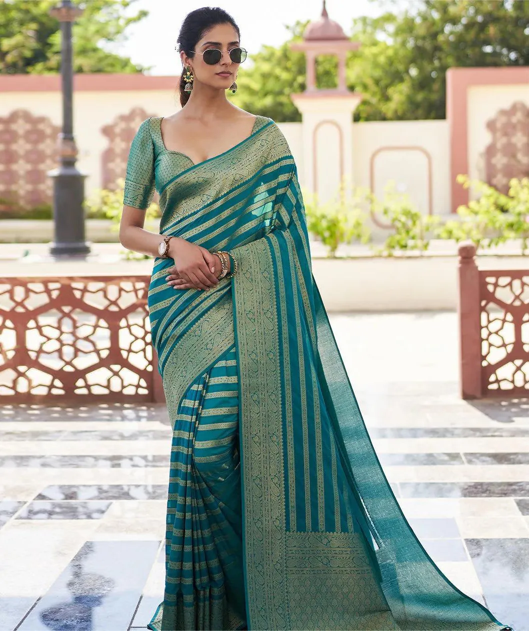 Teal Green Lichi Silk Weaving Work Saree