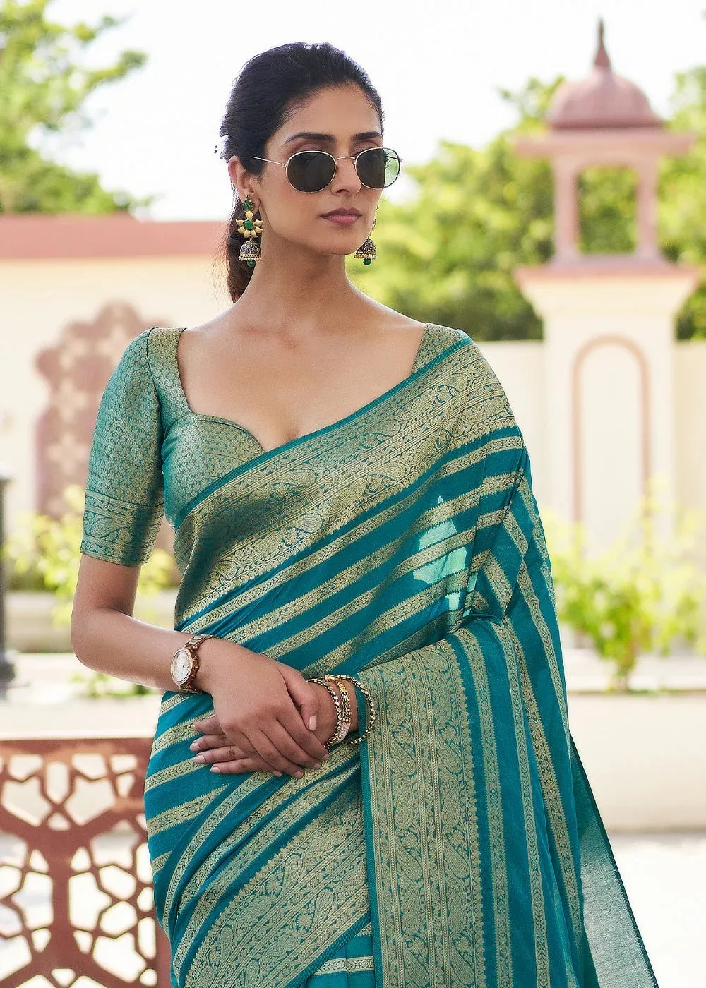 Teal Green Lichi Silk Weaving Work Saree - Image 4