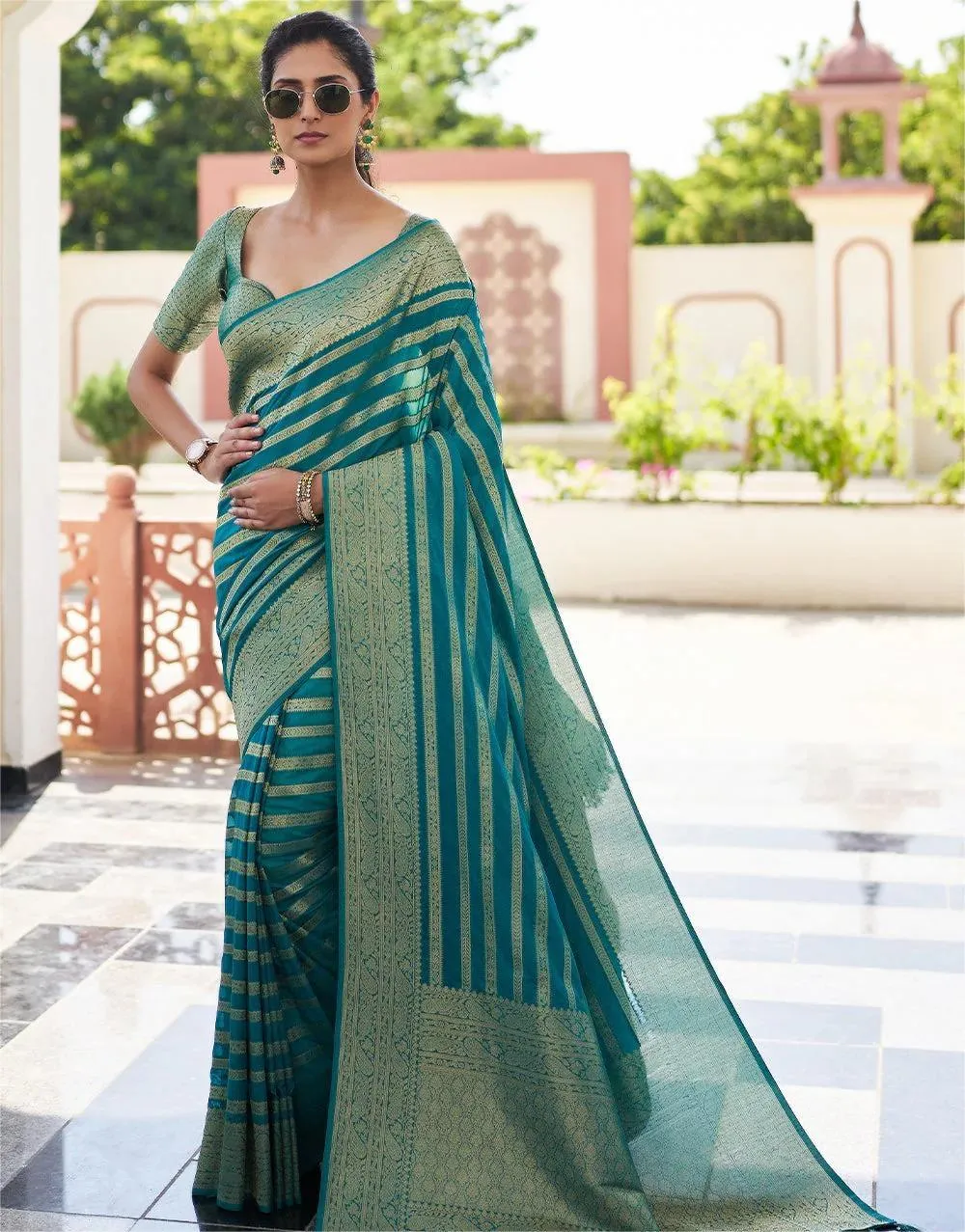 Teal Green Lichi Silk Weaving Work Saree - Image 2