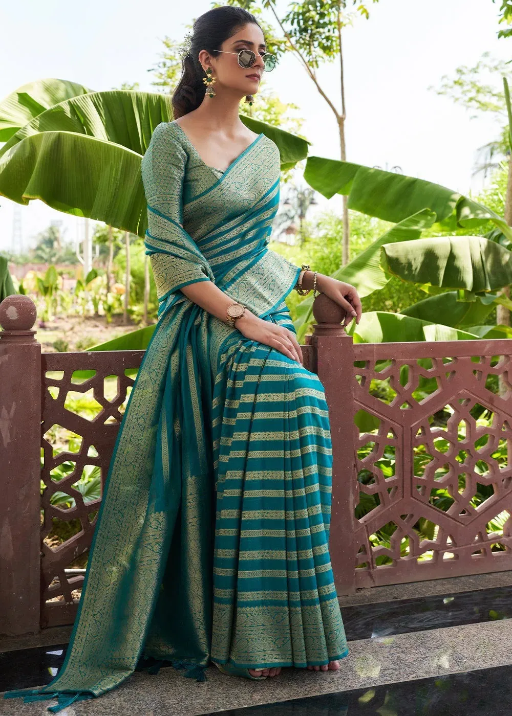 Teal Green Lichi Silk Weaving Work Saree - Image 3