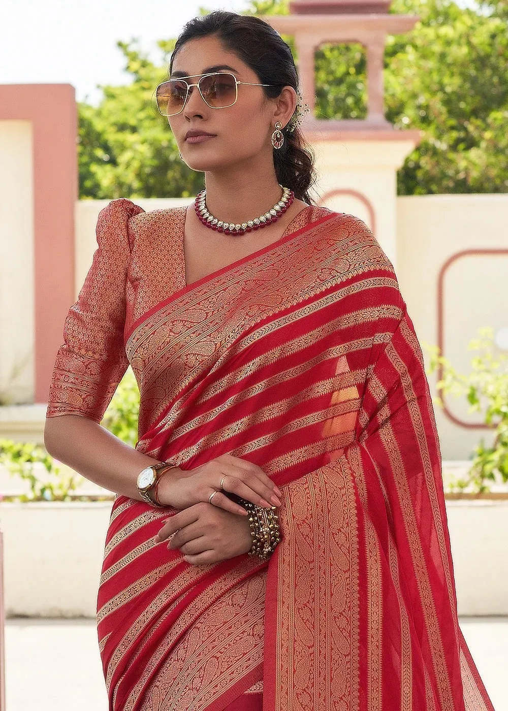 Red Lichi Silk Weaving Work Saree - Image 2