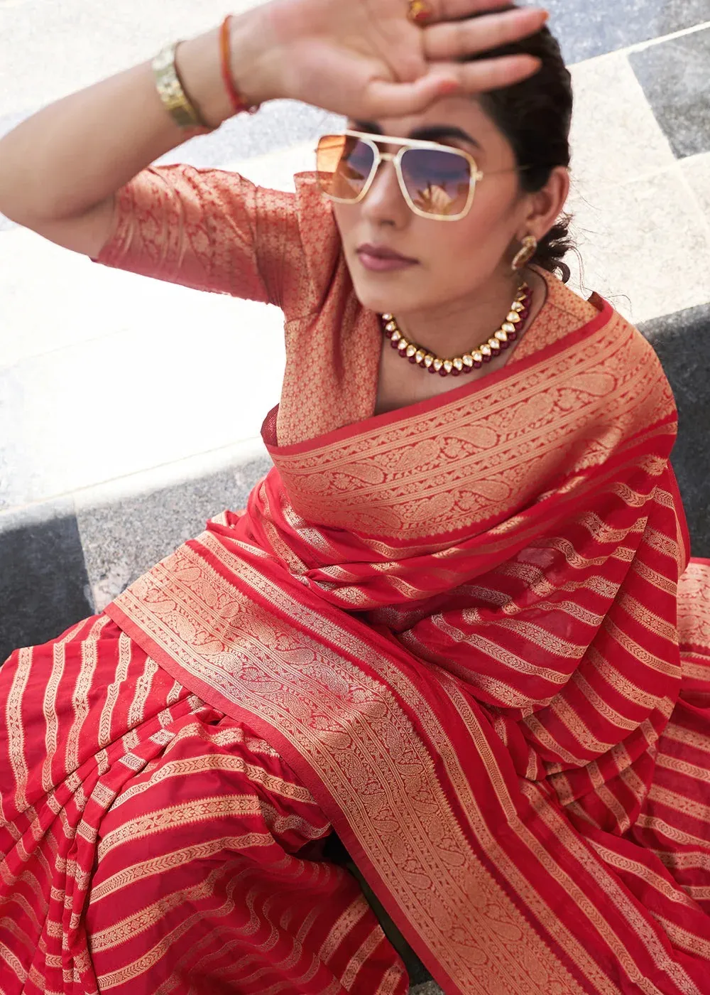 Red Lichi Silk Weaving Work Saree - Image 3