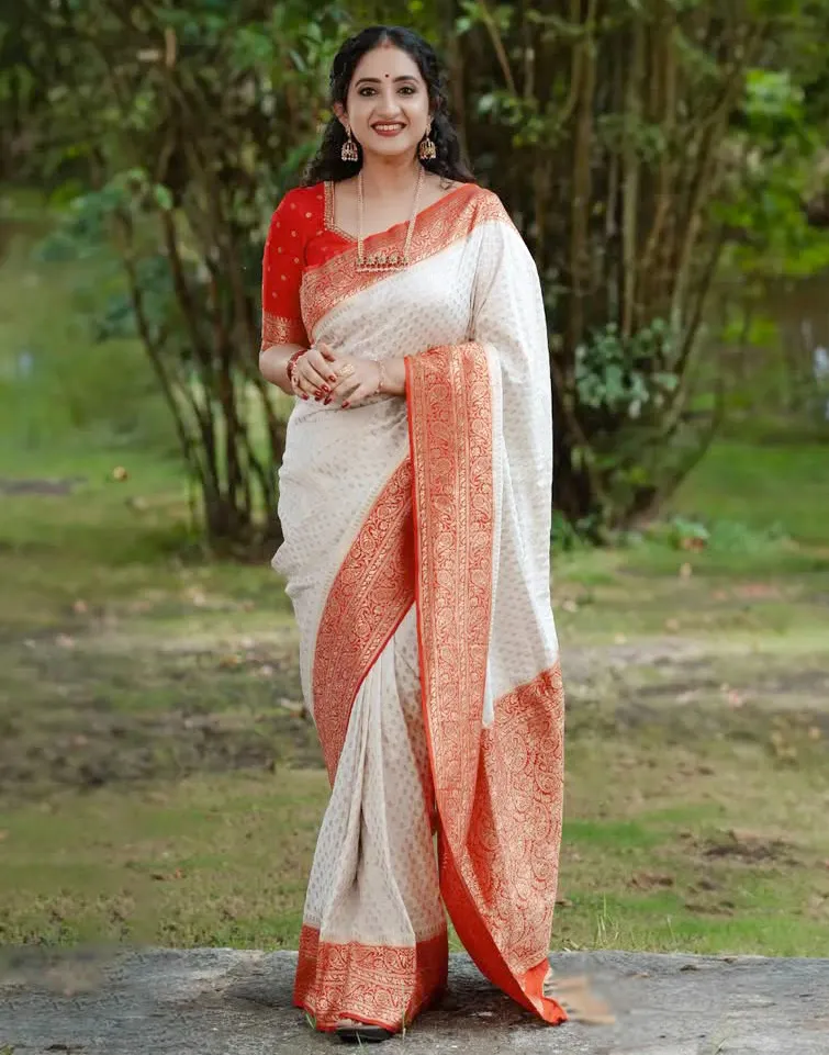 White Lichi Silk Weaving Work Saree