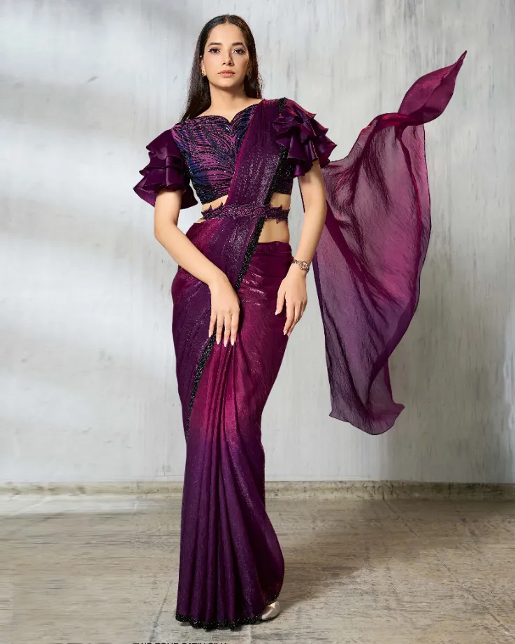 Wine And Pink Two Tone Satin Silk Embroidered Readymade Saree