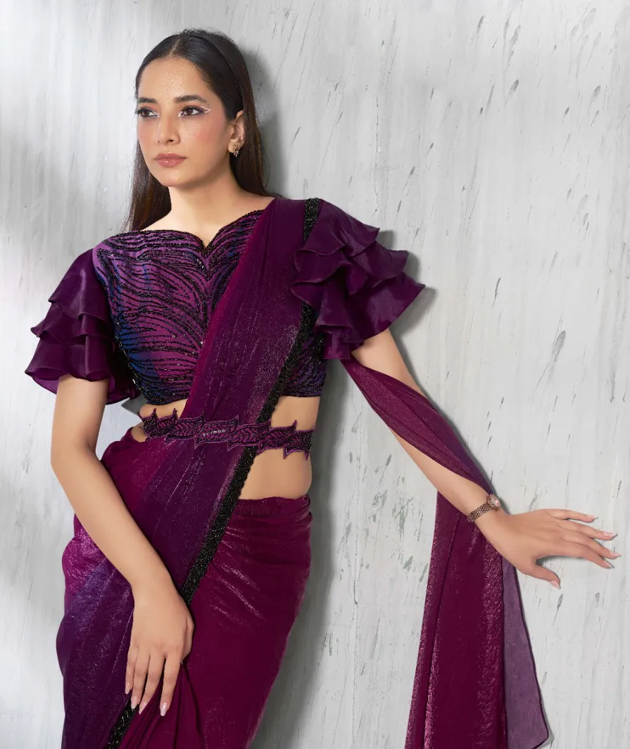 Wine And Pink Two Tone Satin Silk Embroidered Readymade Saree - Image 2