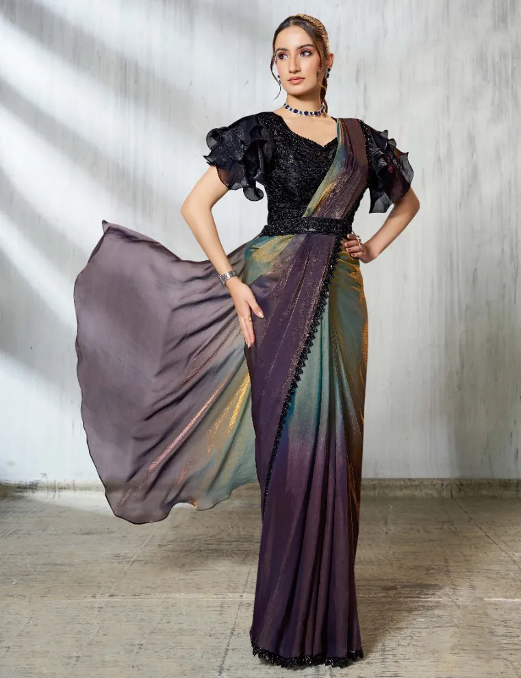 Wine And Blue Two Tone Satin Silk Embroidered Readymade Saree