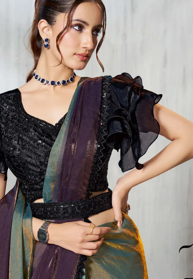 Wine And Blue Two Tone Satin Silk Embroidered Readymade Saree - Image 2