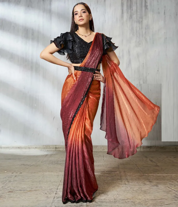 Orange And Maroon Two Tone Satin Silk Embroidered Readymade Saree