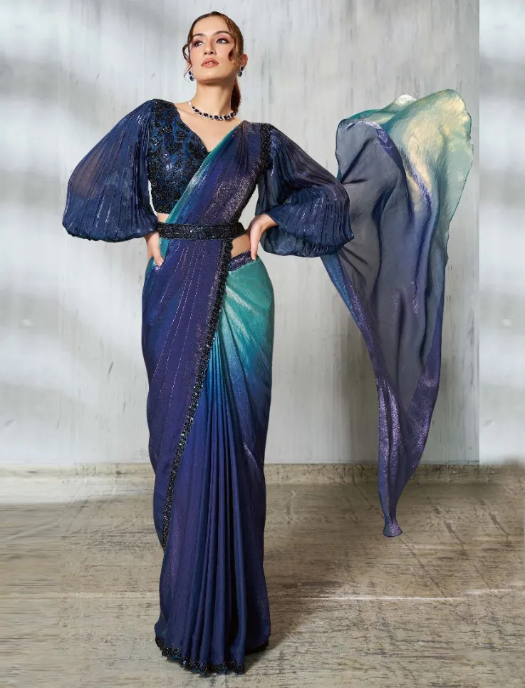 Royal Blue Two Tone Satin Silk Embroidered Readymade Saree