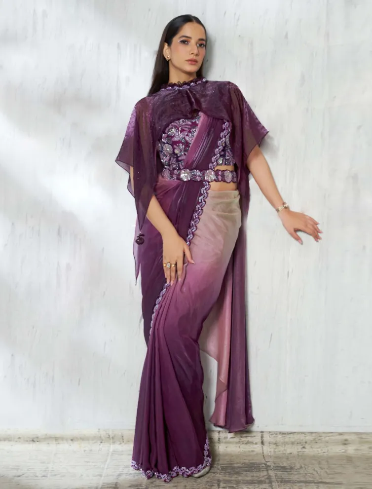 Wine And Beige Two Tone Satin Silk Embroidered Readymade Saree