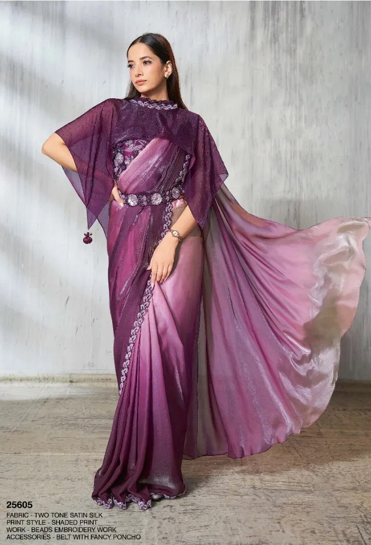 Wine And Beige Two Tone Satin Silk Embroidered Readymade Saree - Image 2