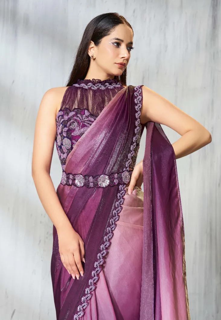 Wine And Beige Two Tone Satin Silk Embroidered Readymade Saree - Image 3