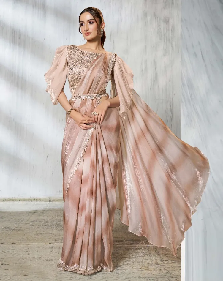 Beige Two Tone Satin Silk Embroidered Readymade Saree