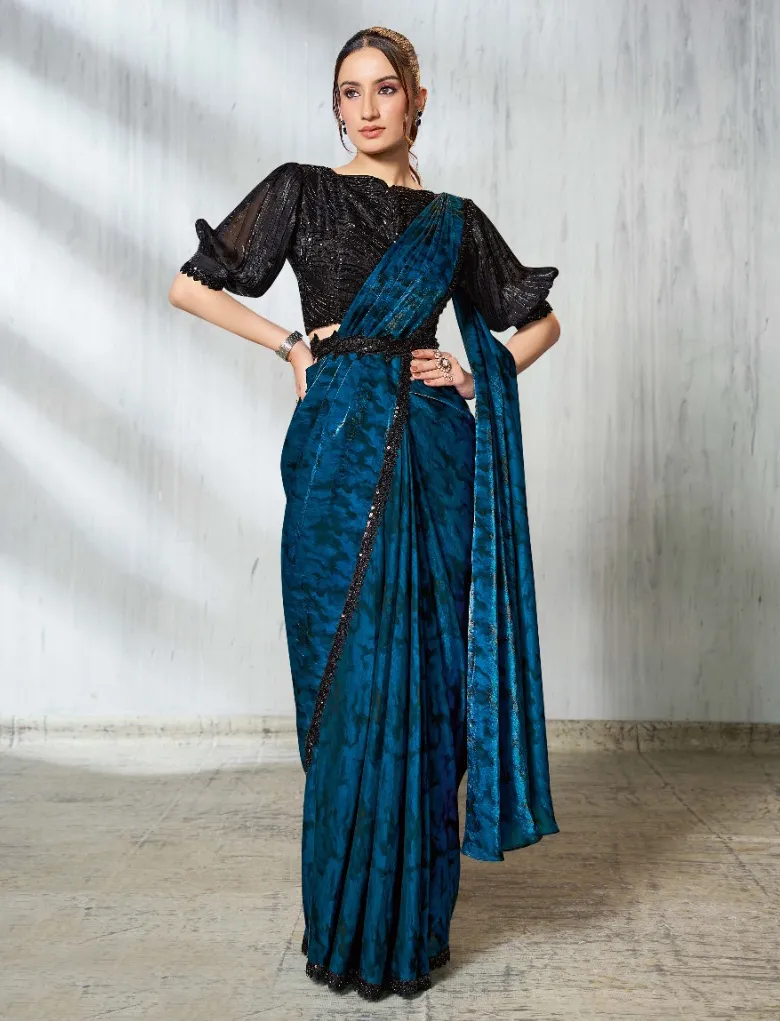 Blue Two Tone Satin Silk Embroidered Readymade Saree