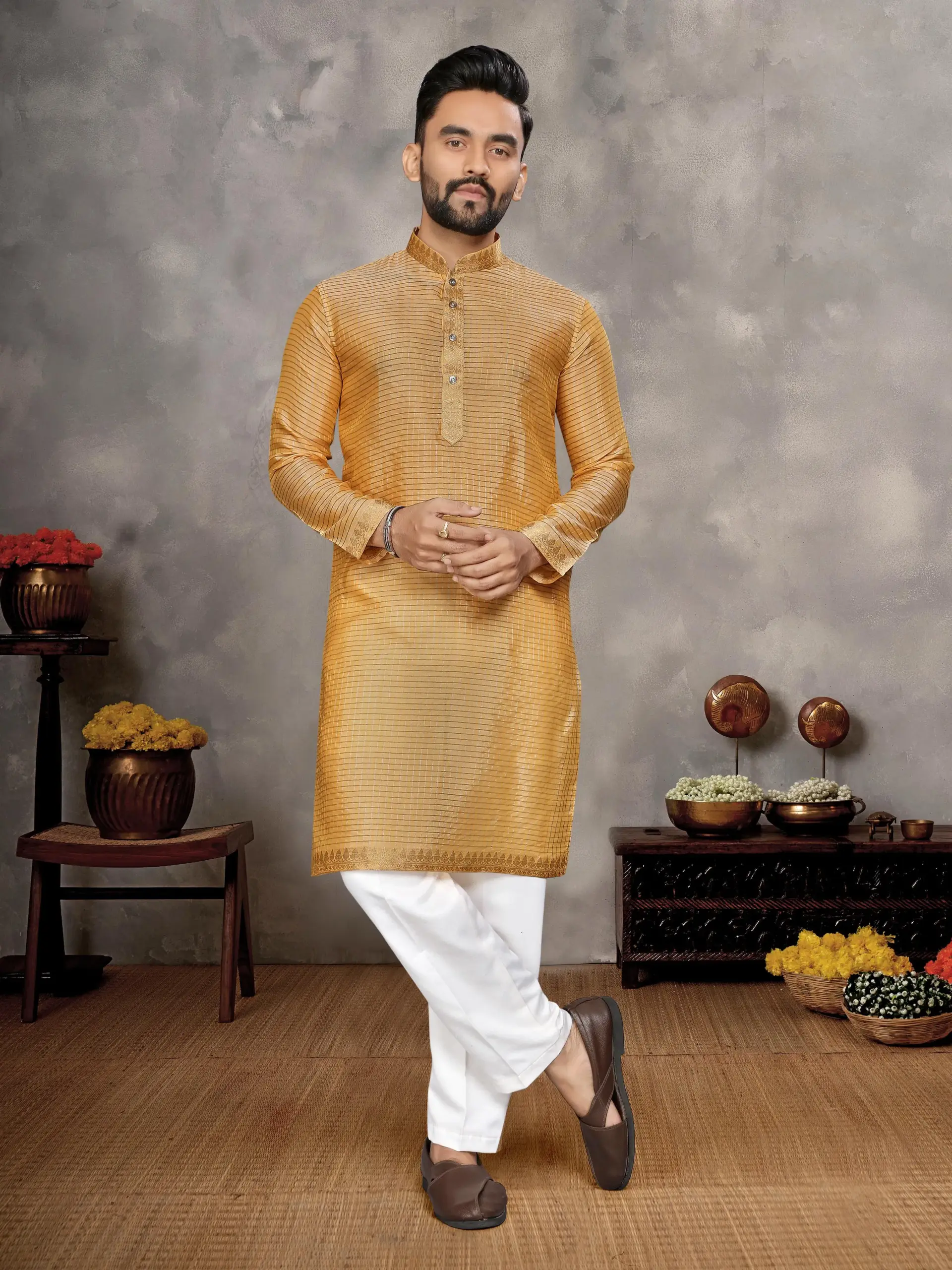 Mustard Silk Zari Work Men's Kurta Pyjama