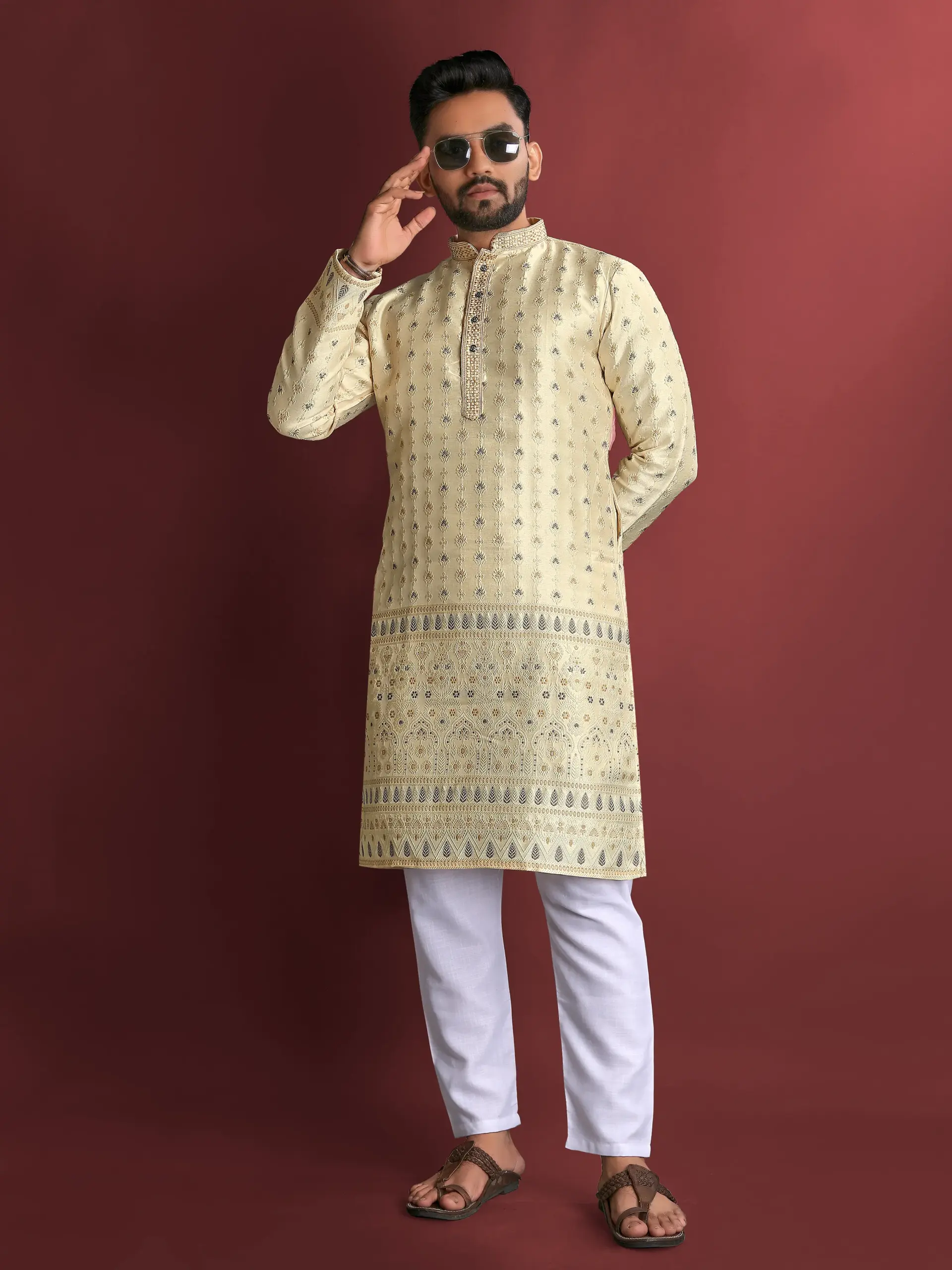 Beige Jacquard Amboj Work Men's Kurta Pyjama