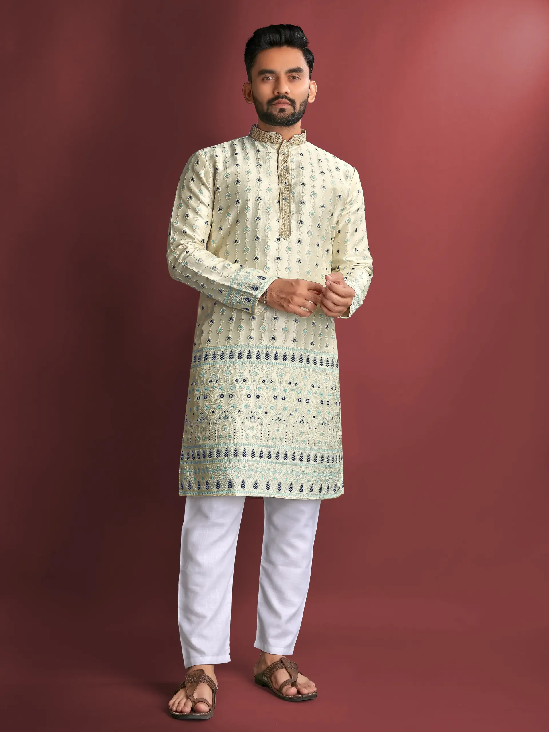 Cream Jacquard Amboj Work Men's Kurta Pyjama