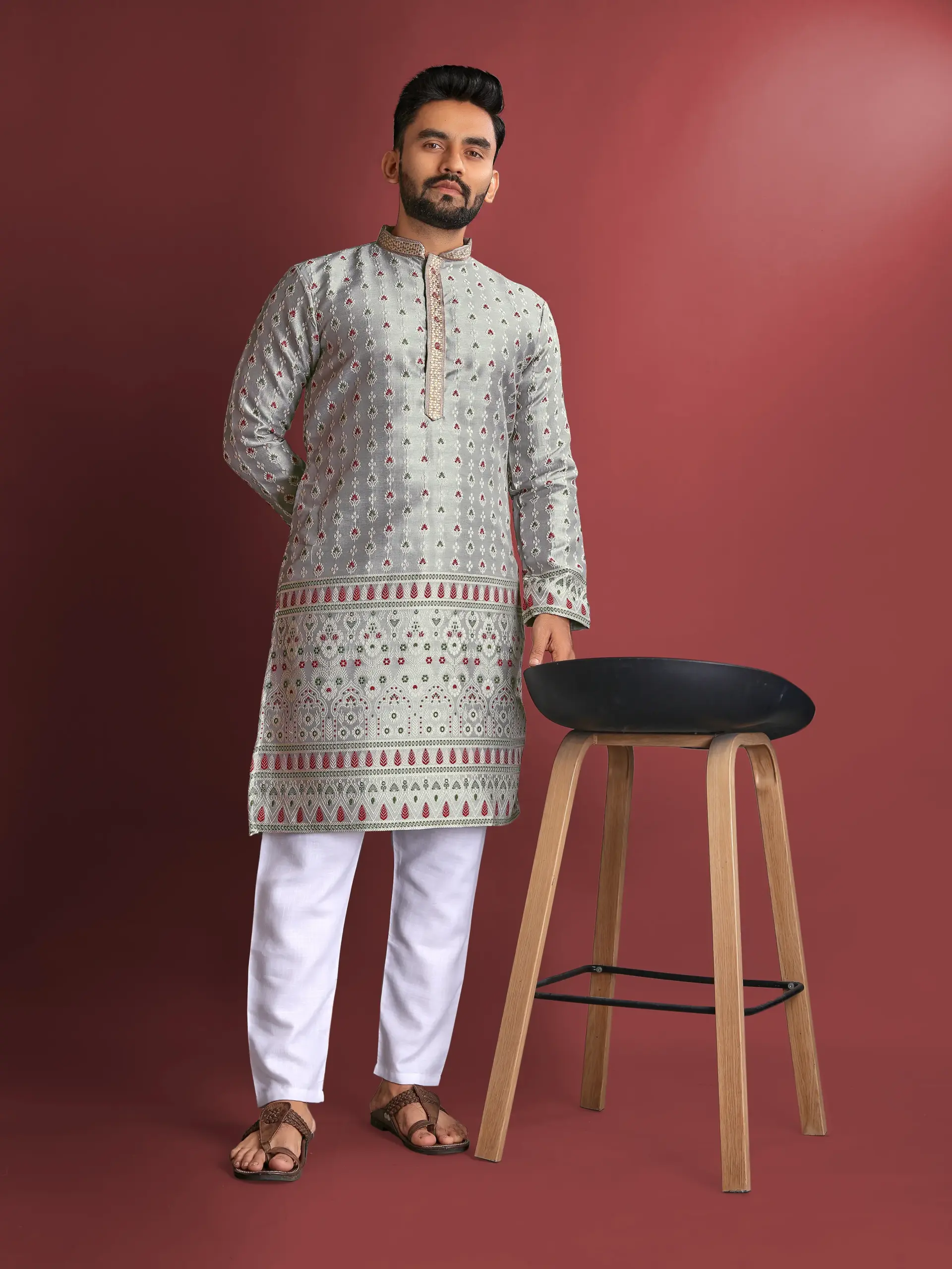 Grey Jacquard Amboj Work Men's Kurta Pyjama