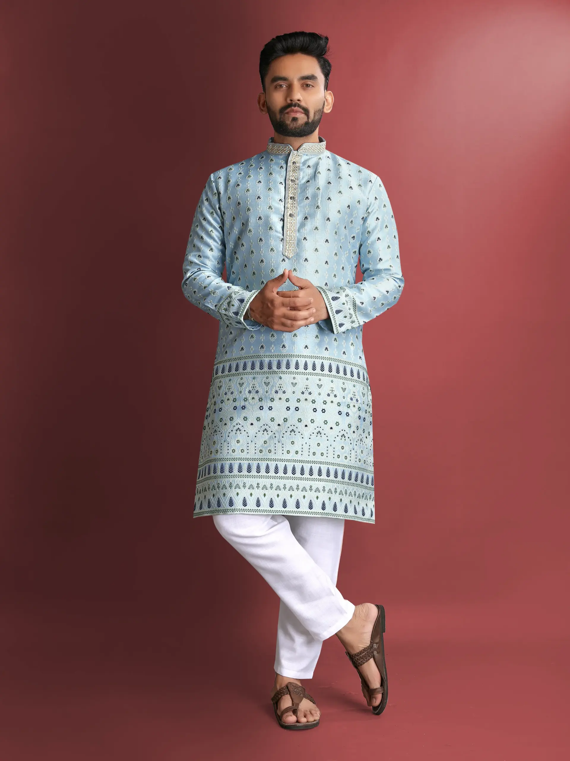 Light Blue Jacquard Amboj Work Men's Kurta Pyjama