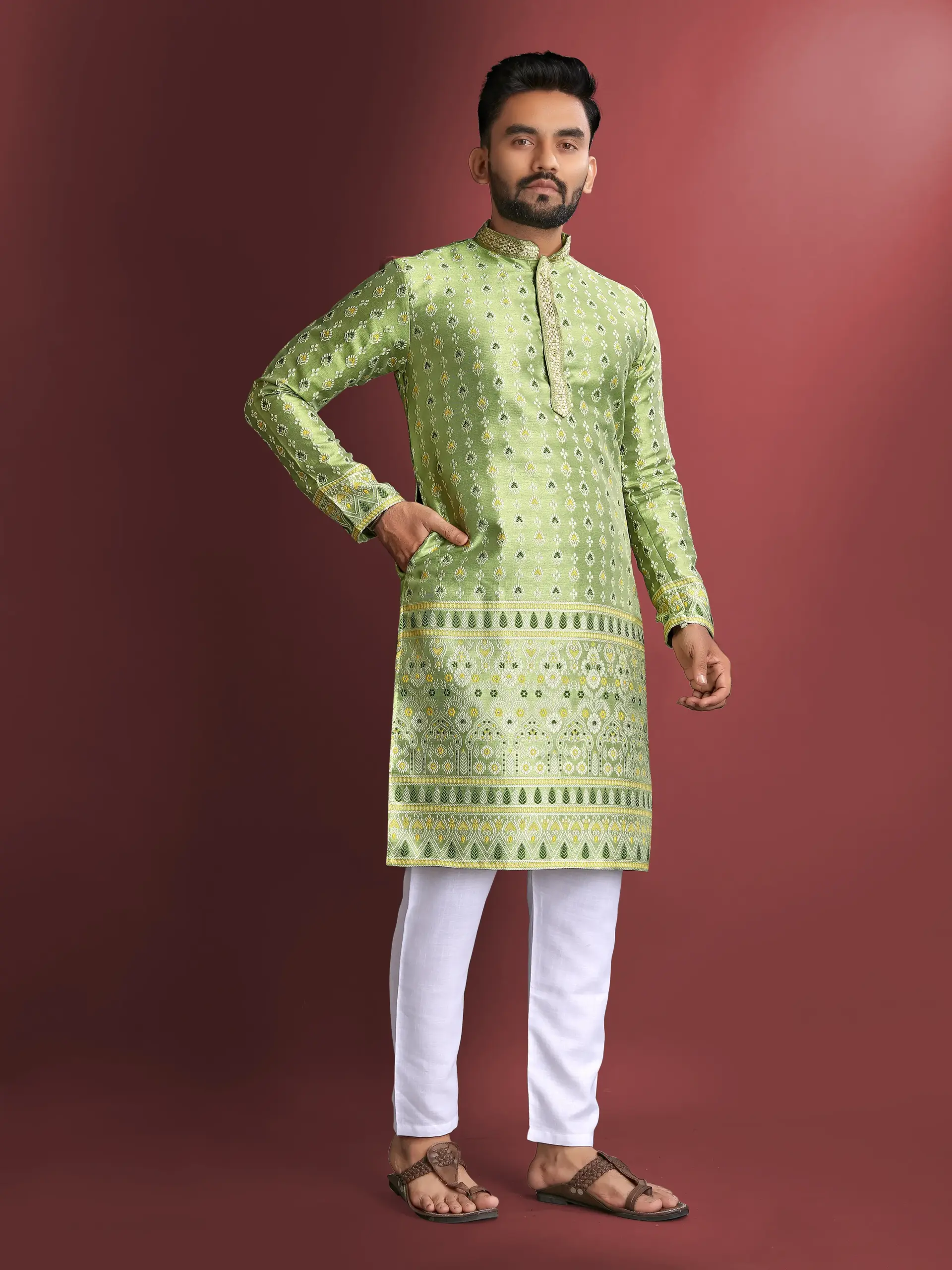 Light Green Jacquard Amboj Work Men's Kurta Pyjama
