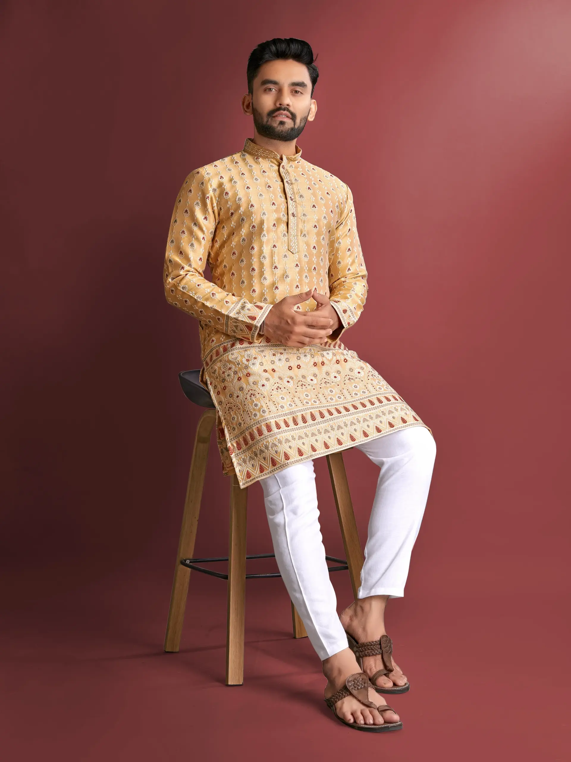 Mustard Jacquard Amboj Work Men's Kurta Pyjama