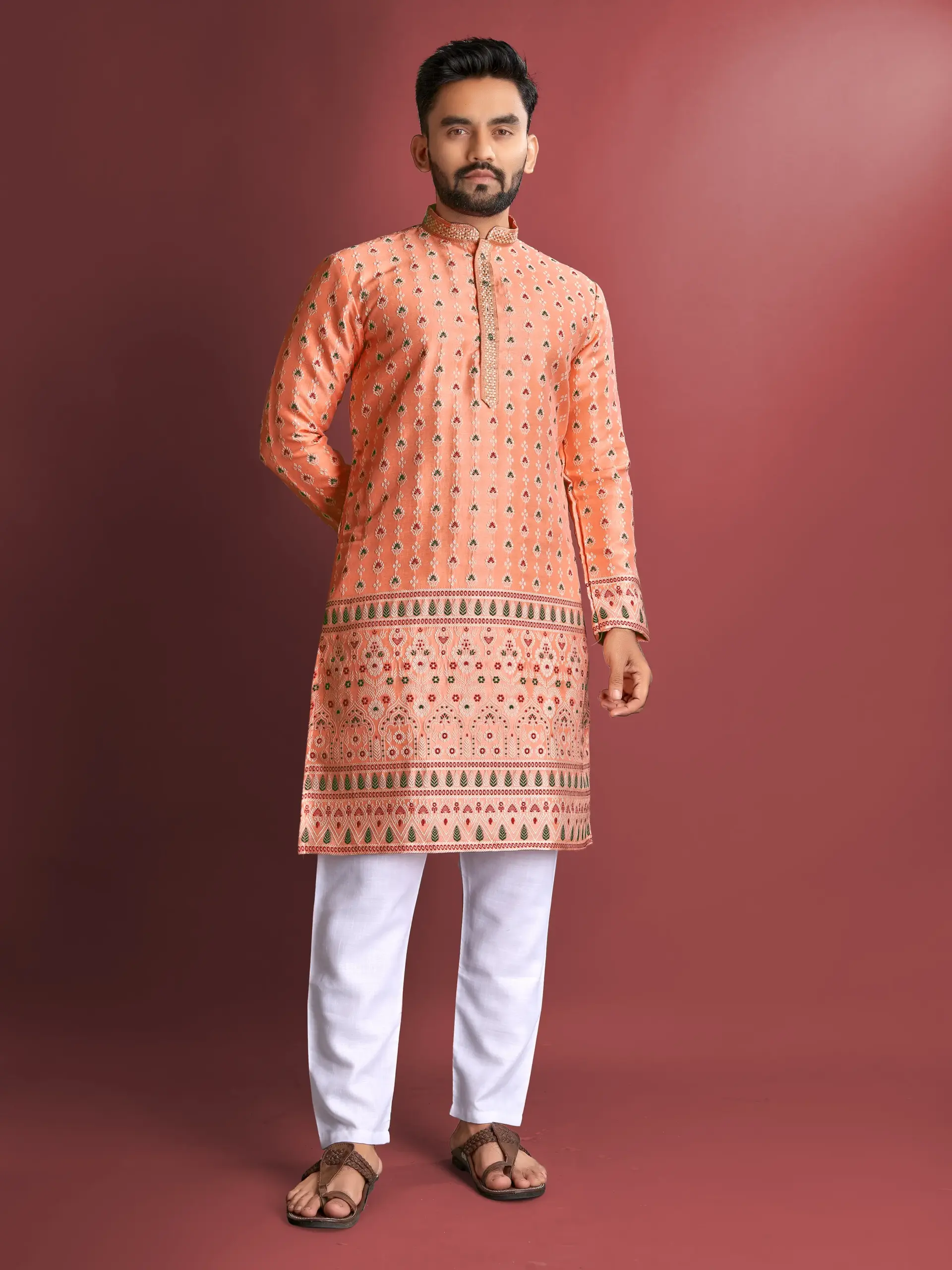 Peach Jacquard Amboj Work Men's Kurta Pyjama